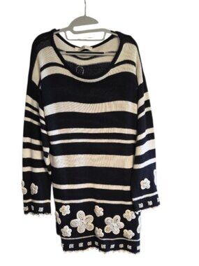 Vintage The Limited Sweater Navy Stripes Faux Pearl Floral Oversized M L